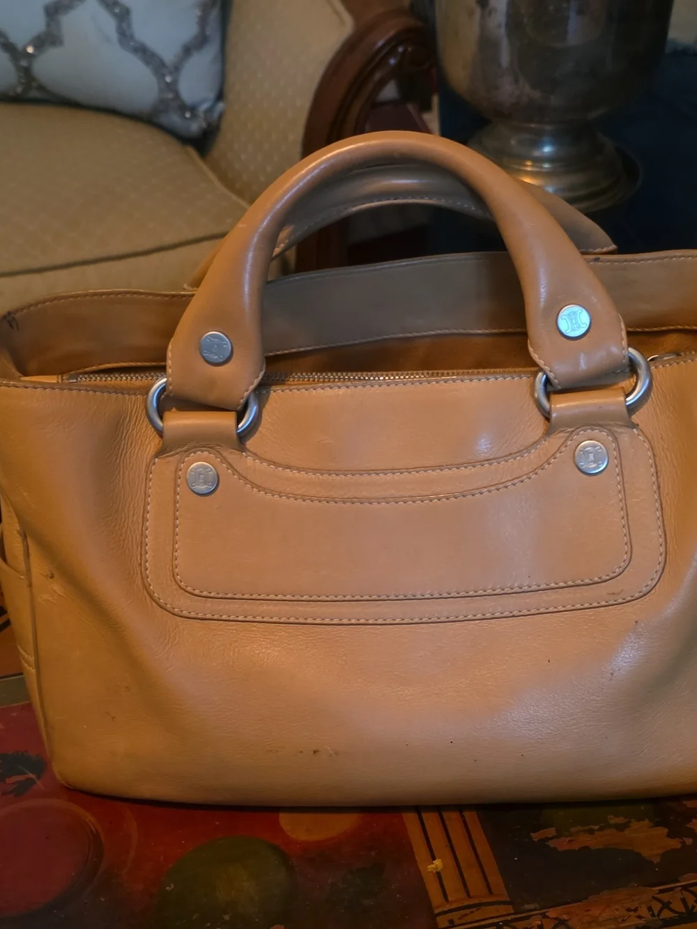 Celine Tan Leather Satchel with Silver Hardware
